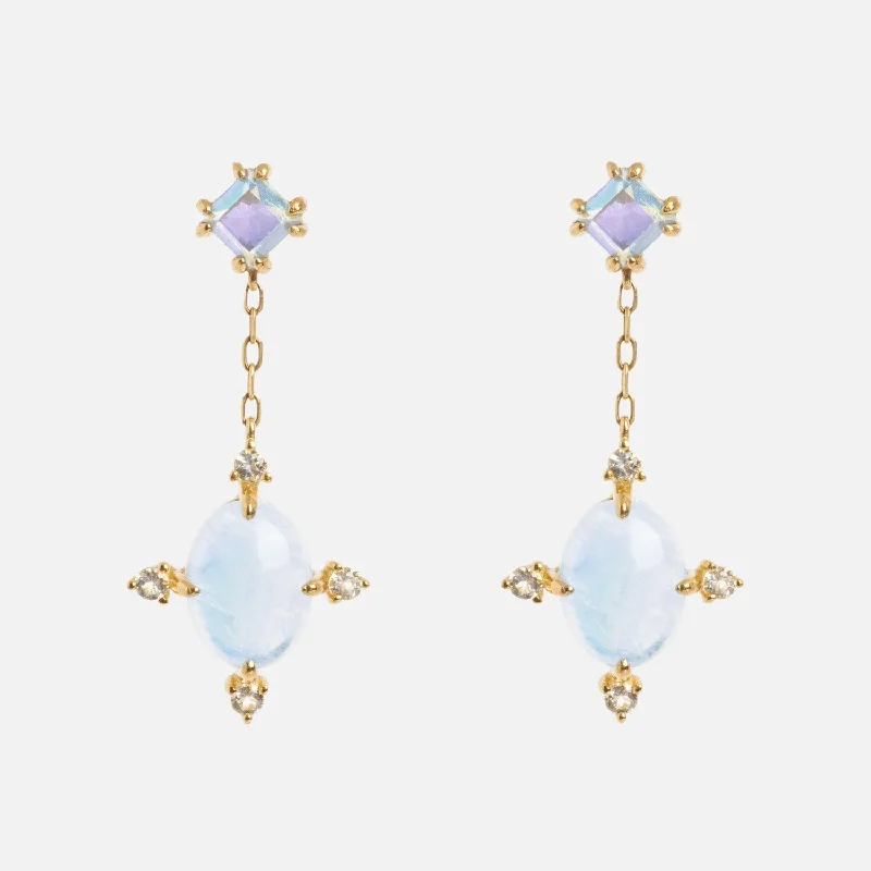 Solid Gold Crystal Ball Moonstone Drop Earrings