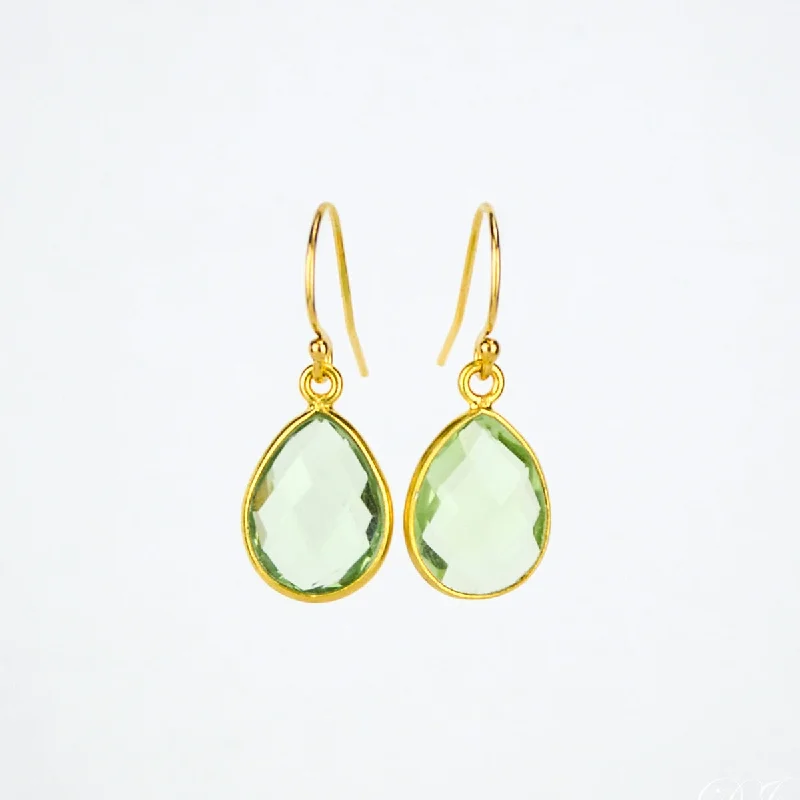 Green Amethyst Small Teardrop Dangle Earrings - February Birthstone