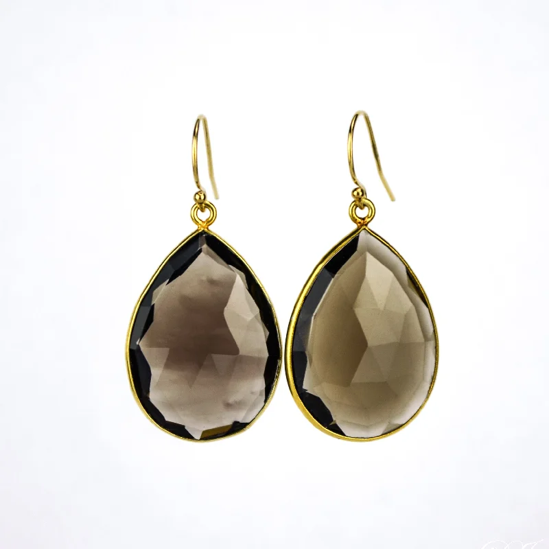 Faceted Smoky Quartz Teardrop Bezel Set Earrings