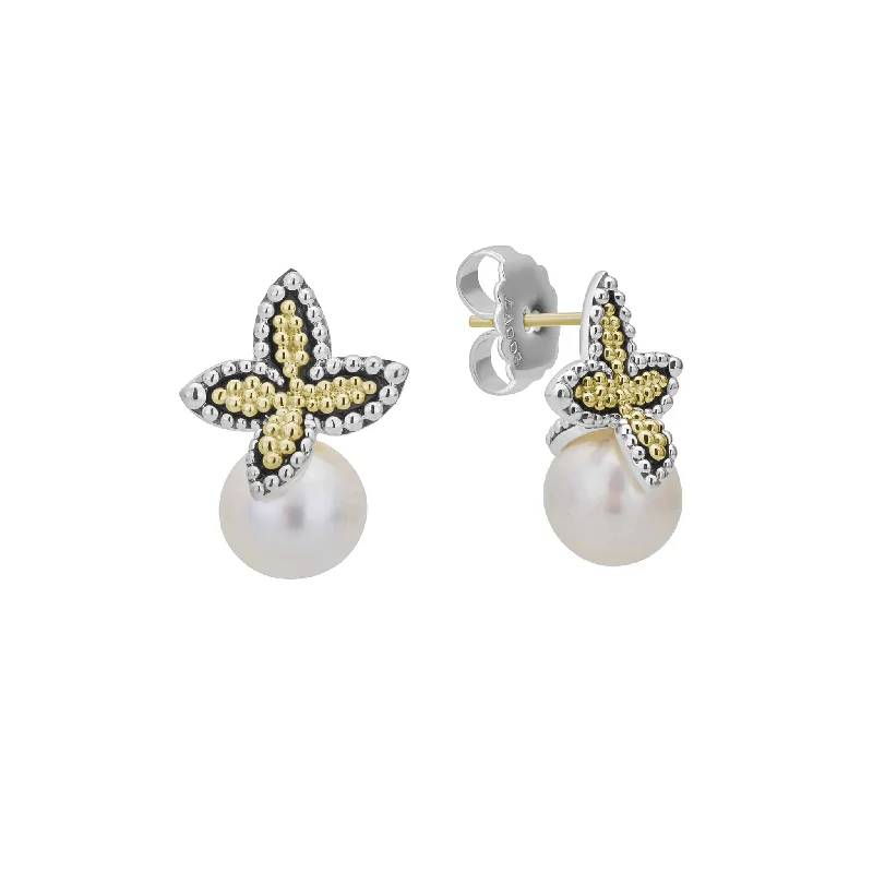 Luna Two-Tone Caviar Floral Pearl Earrings