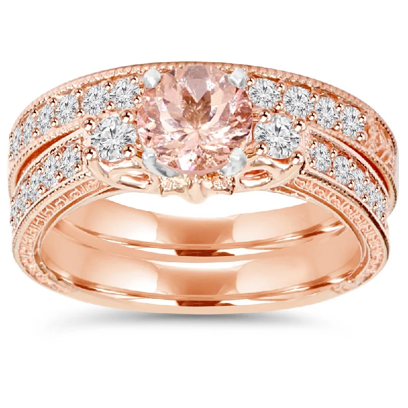 14K Rose Gold 2 CT TW Vintage Diamond & Morganite Engagement Wedding Ring Set (I-J,I2-I3)