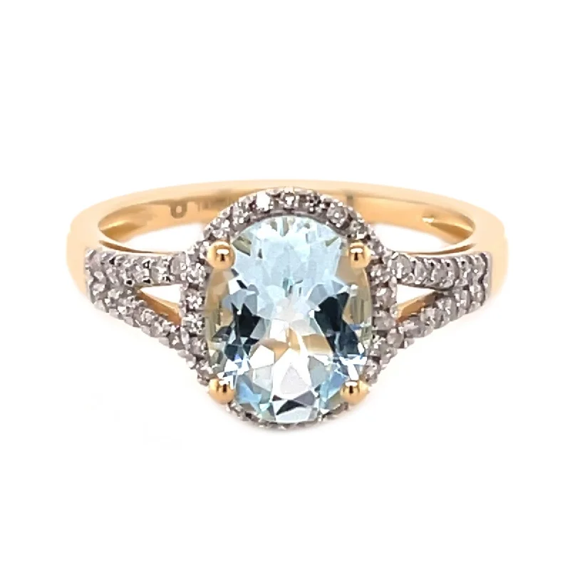 14lk Yellow Gold Aquamarine Gemstone Oval Halo Engagement Ring