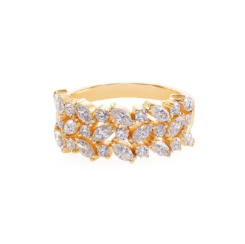 3-Row Alternating Round & Marquise Diamond Ring in 14K Solid Yellow Gold