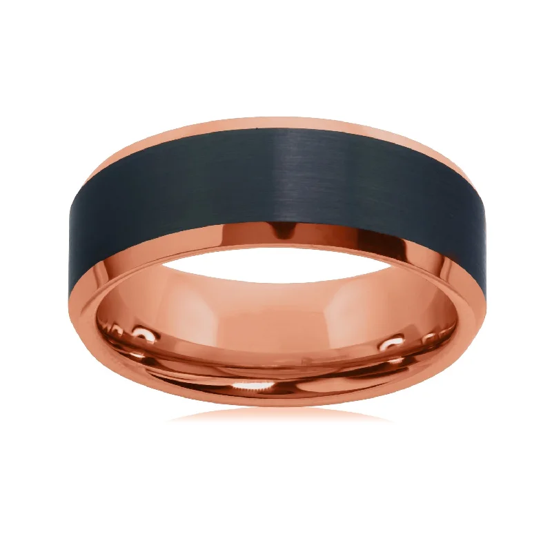 8MM Wedding Ring in Rose Tungsten with Black Satin Center