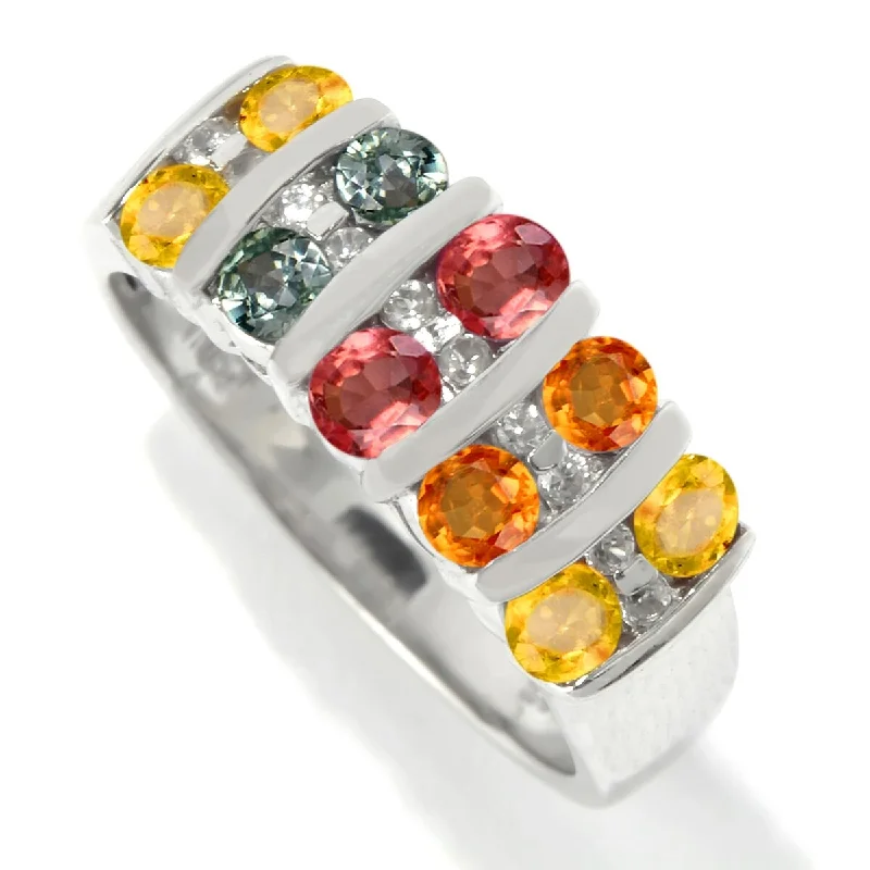 925 Sterling Silver Multi Sapphire, White Natural Zircon Ring