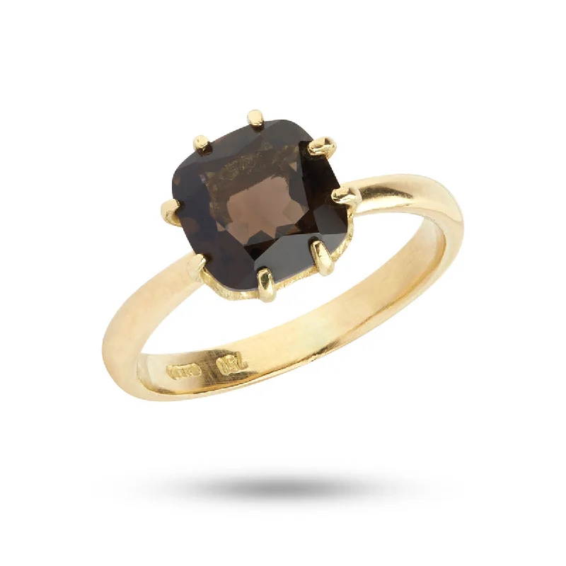 Square Brown Smokey 18K Gold Ring w. Quartz