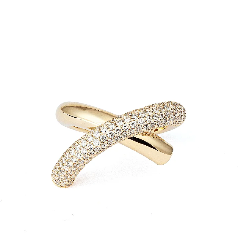 Cross Loop Medium Half Pavé 18K Gold Ring w. Diamonds