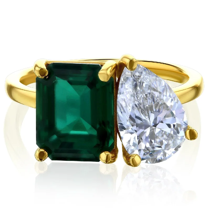 Kobelli Grown - The Empress 14k Solid Gold Deep Green Emerald & White Diamond 2 Stone Toi et Moi Ring (Certified EF/VS)