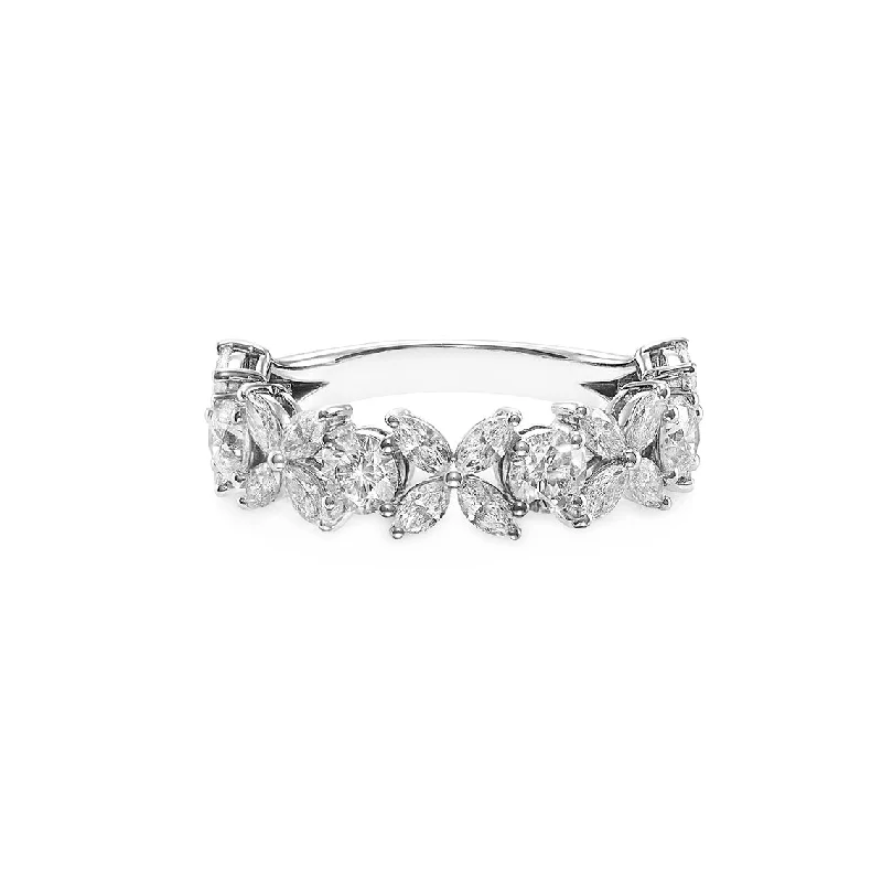 Marquise Cut and Round Brilliant Cut Diamond Ring in 14K Solid White Gold