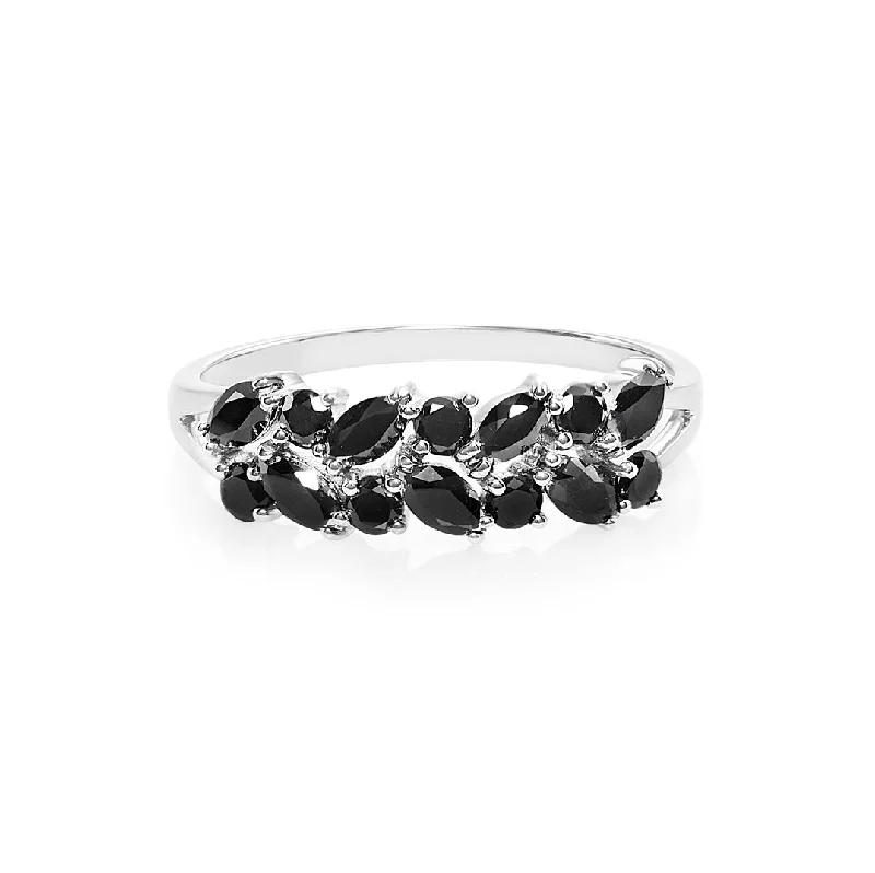 Marquise Cut and Round Cut Black Diamond Ring in 14K Solid White Gold