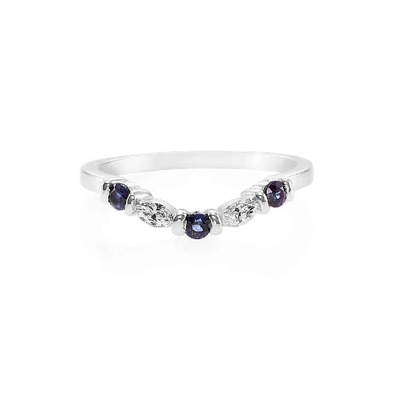 Marquise Cut Diamond and Blue Sapphire Ring in 14K Solid White Gold