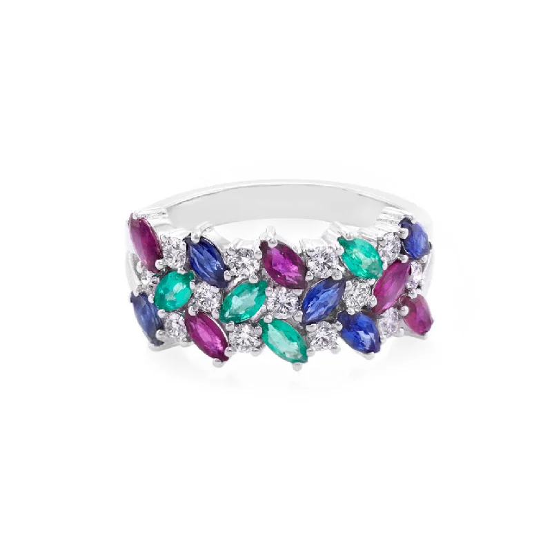 3-Row Natural Multi Gemstone (Ruby, Blue Sapphire, Emerald) Ring in 14K Solid White Gold