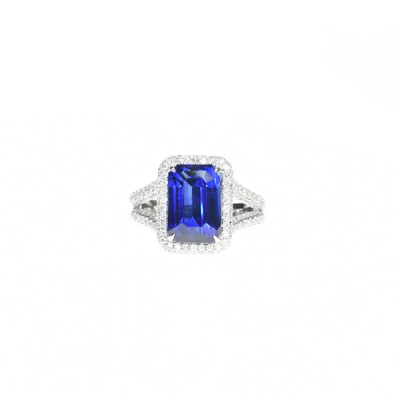 Cobalt Blue Sapphire Ring with Pave Set Diamonds