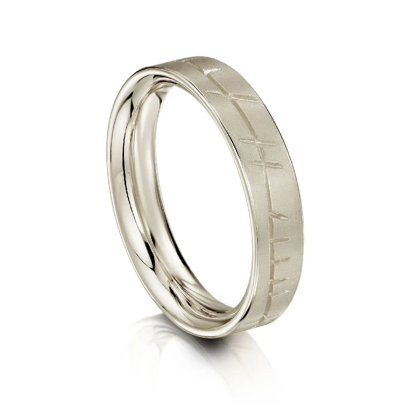 Ogham Flat Court Ring in 18ct White Gold