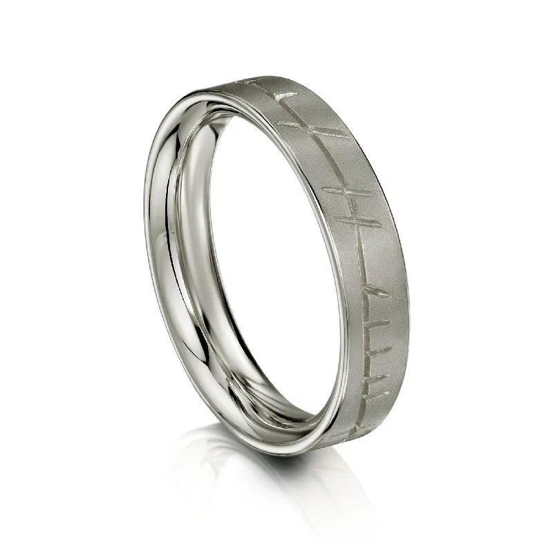 Ogham Flat Court Ring in Platinum