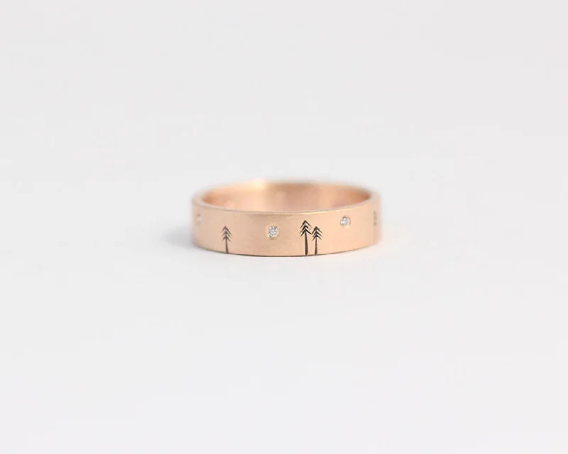 Pine Forest Ring with Diamond Stars in Rose Gold - Medium