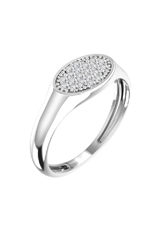 Oval Pavé Signet 18K White Gold Ring w. Lab-Grown Diamonds