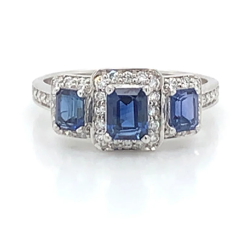 18ct White Gold Earth Grown Sapphire & Diamond Trilogy Halo