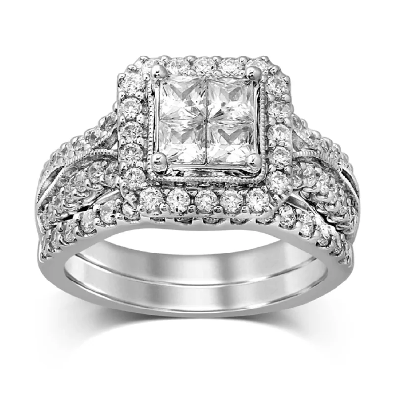 Signature 1-1/2 CTW Diamond Halo Bridal Set Ring in 14KT White Gold