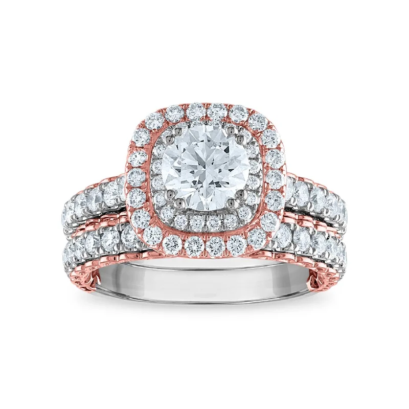 Signature EcoLove 2 CTW Lab Grown Diamond Halo Bridal Set Ring in 14KT White and Rose Gold