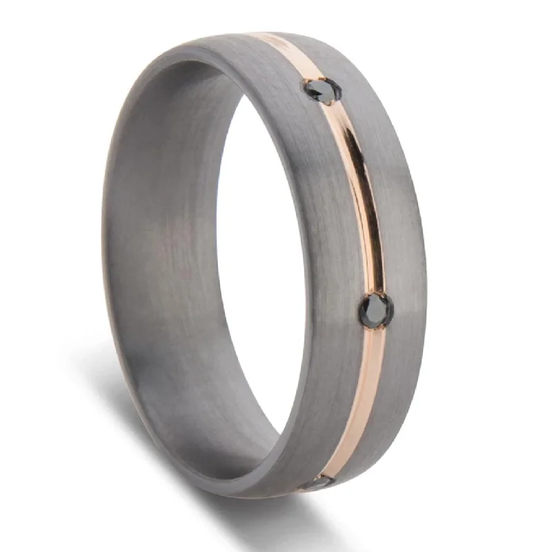 Tantalum & Rose Gold Striped Wedding Ring with Black Diamonds