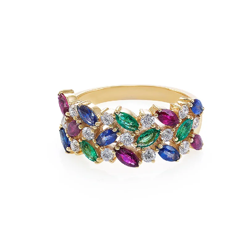 3-Row Natural Multi Gemstone (Ruby, Blue Sapphire, Emerald) Ring in 14K Solid Yellow Gold