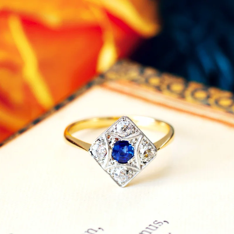 Glam Vintage Art Deco Sapphire & Diamond Cluster Ring