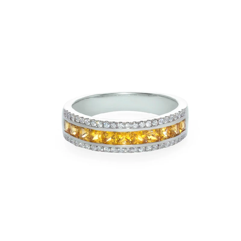 Yellow Sapphire and Diamond Three Row Ring in 18K White Gold