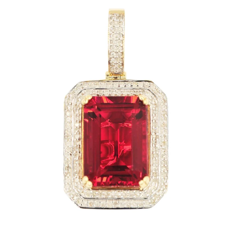 10KY 0.50CTW DIAMOND 2-ROW PENDANT WITH 7.00CT SYNTHETIC RUBY