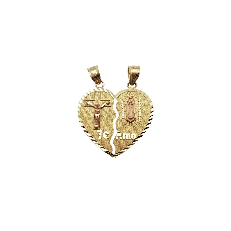 Crucifix and Virgin Mary "Te Amo" Parted Heart Pendant (14K)