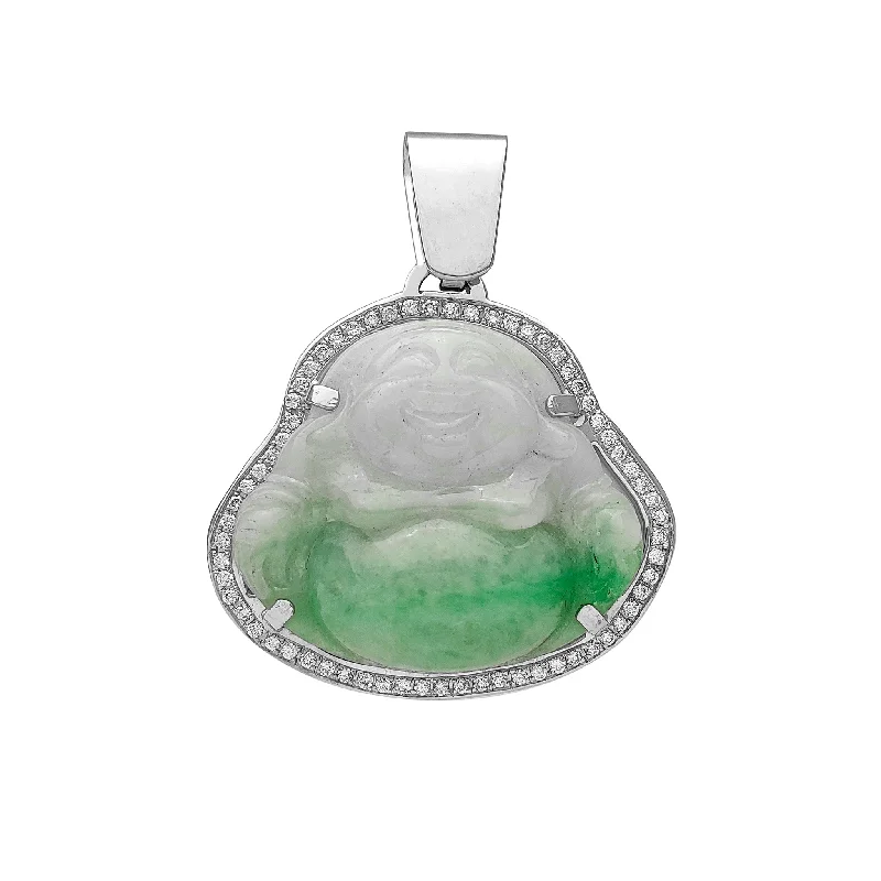 Diamond Frame Laughing Buddha Jade Pendant (14K)