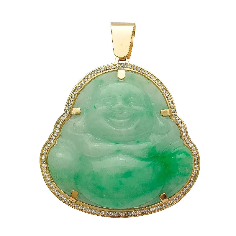 Diamond Frame Laughing Buddha Jade Pendant (14K)