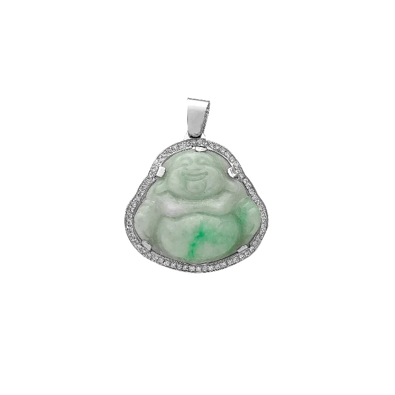 Diamond Frame Laughing Buddha Jade Pendant (14K)