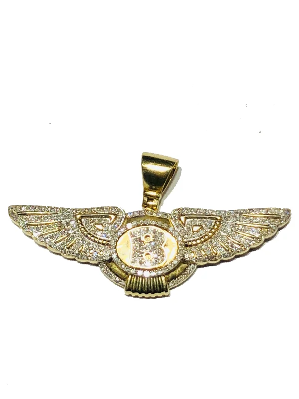 Diamond Winged Pendant Initial 'B' Letter 10K Yellow Gold