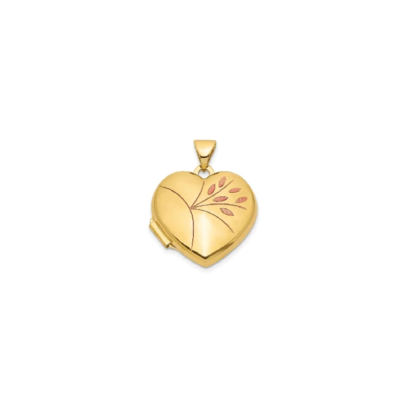 Heart Shape Enamel Leaves Locket Pendant (14K)