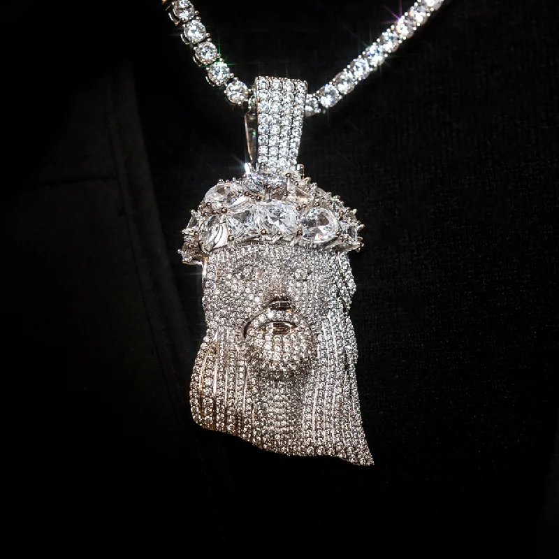 Large Diamond Jesus Head Pendant in White Gold