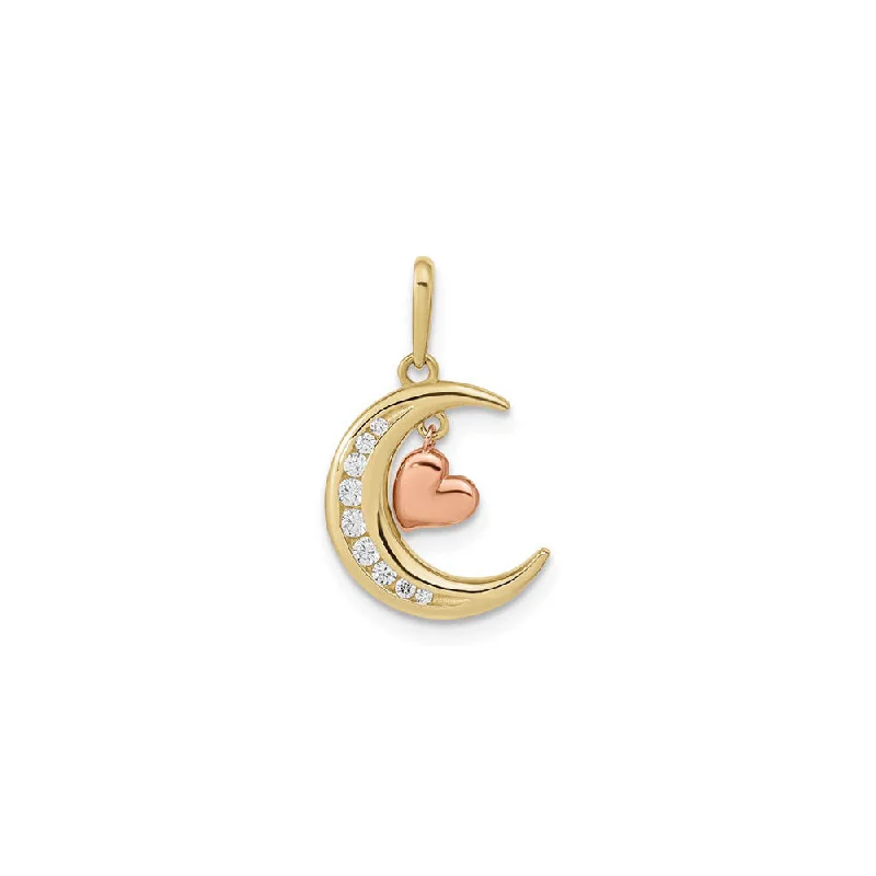 Moon with Pink Dangling Heart Pendant (14K)