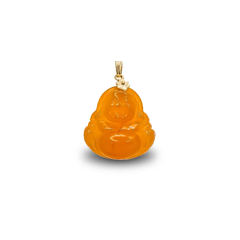 Translucent Orange Jade Laughing Buddha Pendant (14K)