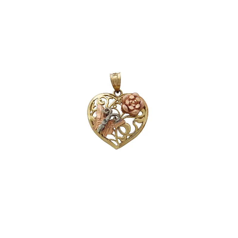 Tricolor Heart Butterfly & Long-Stem Rose Flower Pendant (14K)