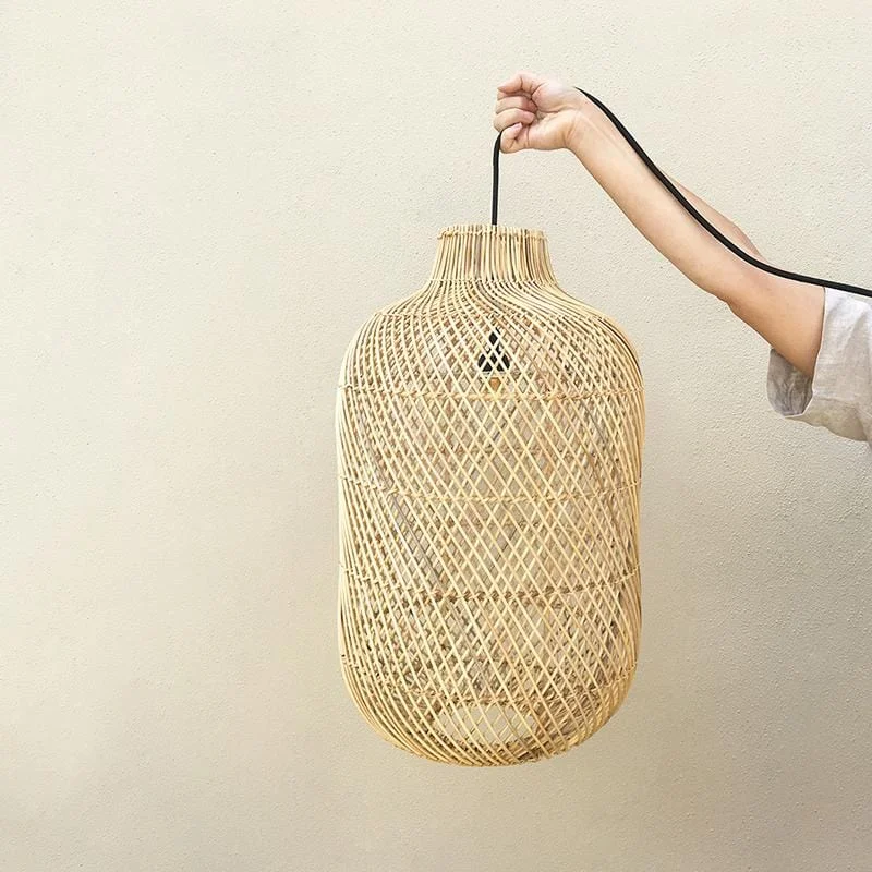 Twisted Weave Cylindrical Rattan Pendant | Natural or Black