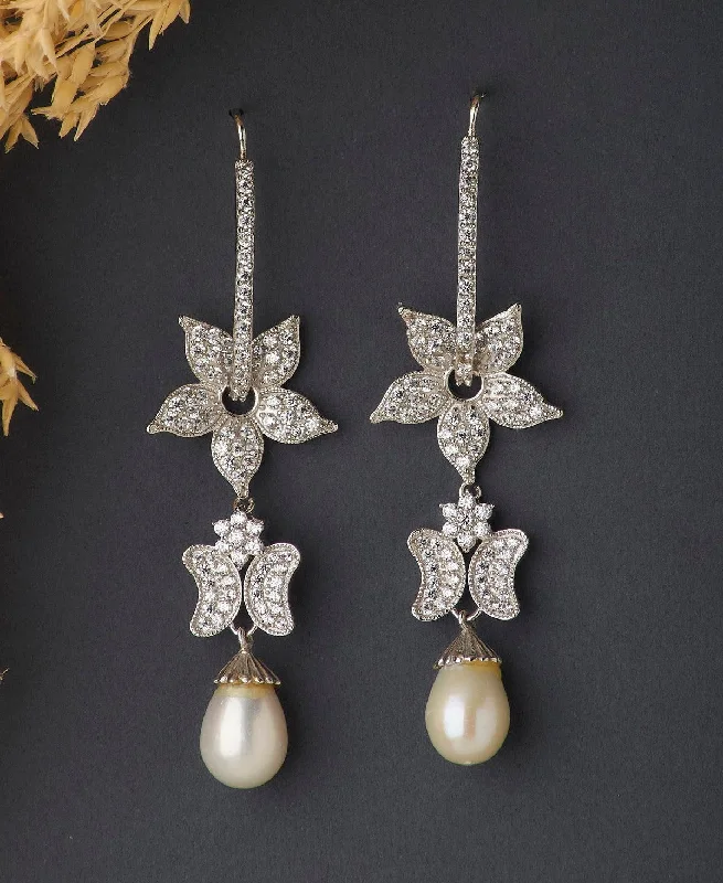 Floral Delicate Gold Stone Studded Silver Drop Earring