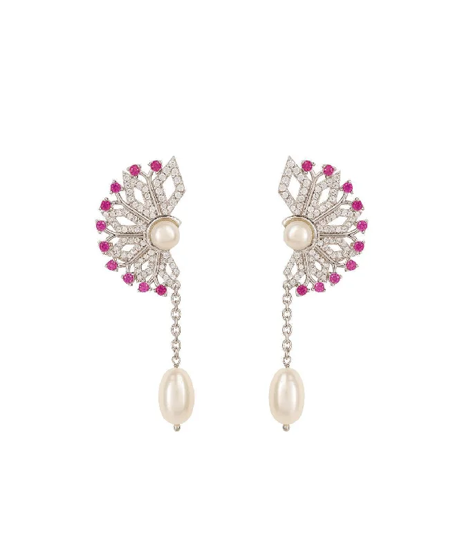 Floral Half Stone Studded Pearl Hanging Earrings