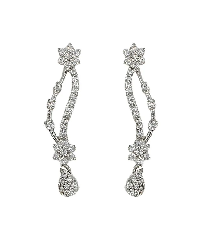 Flower Stone Studded Rhodium Earrings