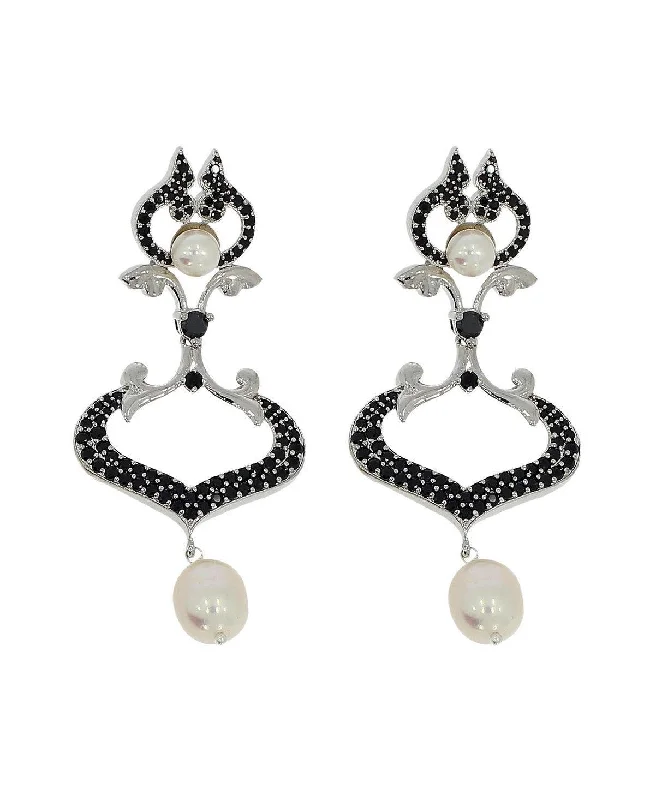 Impressive Rhodium Pearl Hoop Earrings