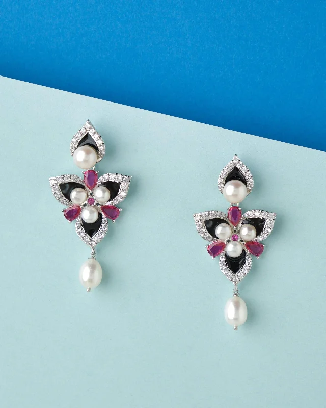 Lovely Flowers Stone Studded Pearl Earring