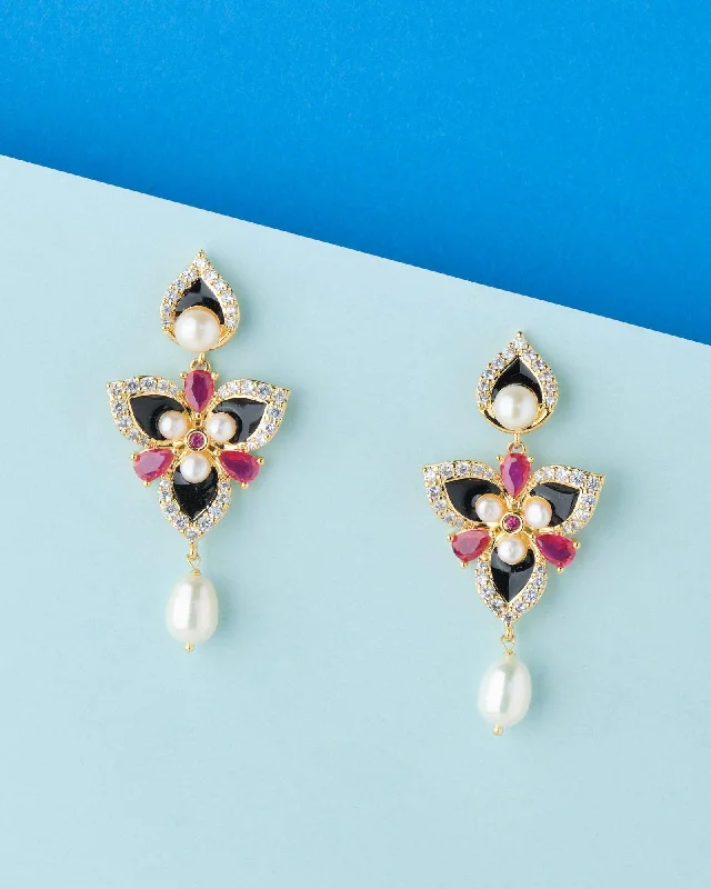 Lovely Flowers Stone Studded Pearl Earring